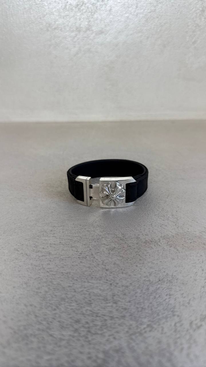 Chrome Hearts Silver Cross Leather Bracelet